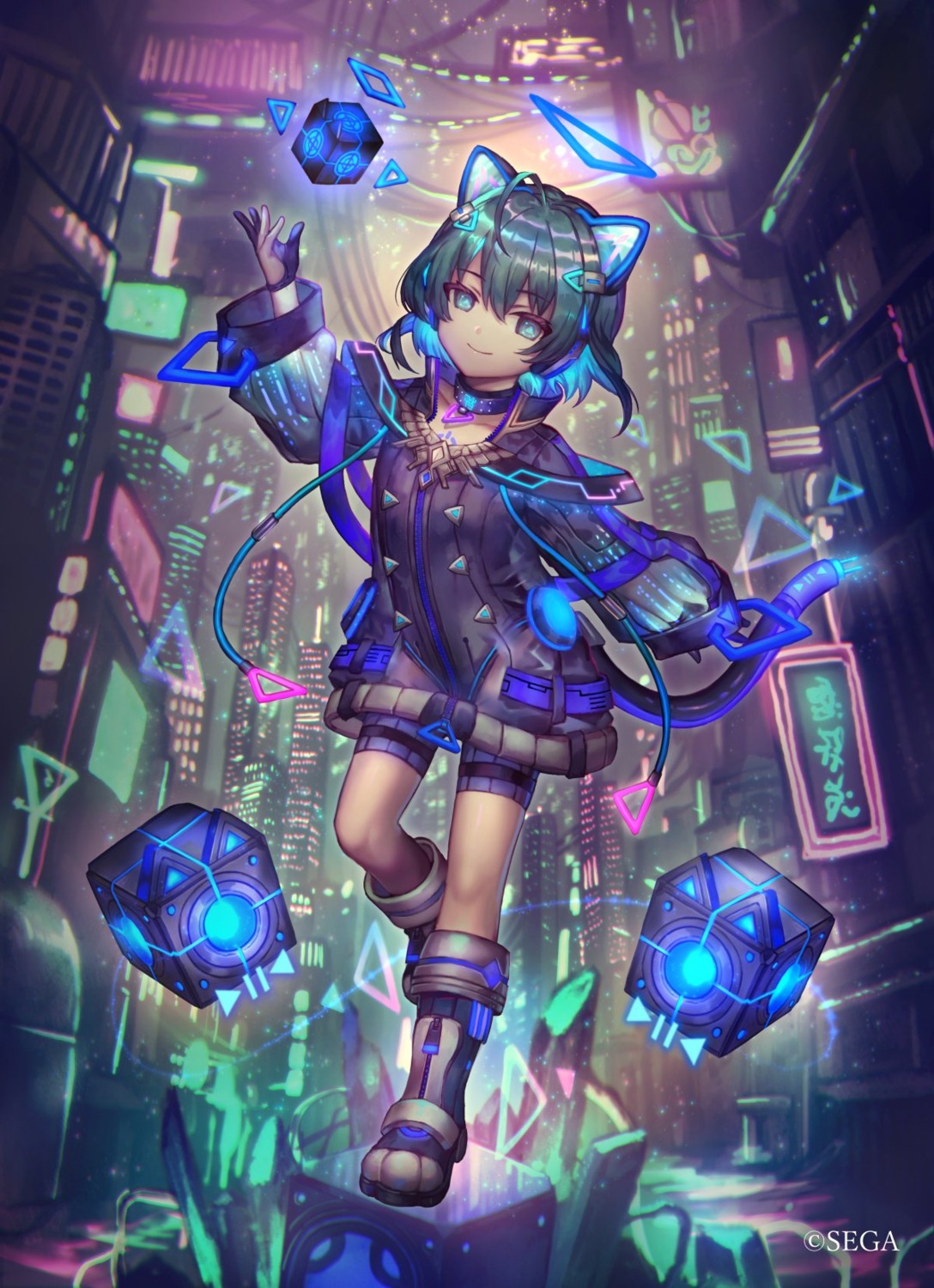 animal_ears, bike_shorts, chunithm, halo, headphones, nai_(chunithm), nekomimi, sega