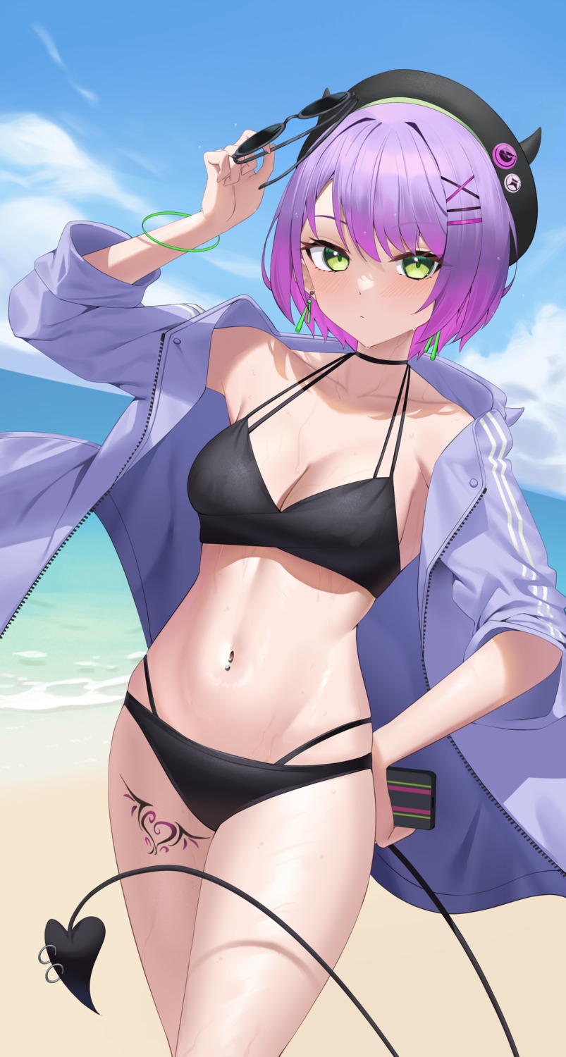 bikini, cleavage, hololive, jmao, open_shirt, swimsuits, tail, tattoo