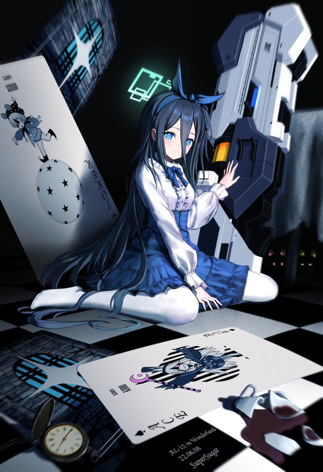 blue_archive, dress, gothic_lolita, halo, lolita_fashion, pantyhose, supersugar, tendou_aris