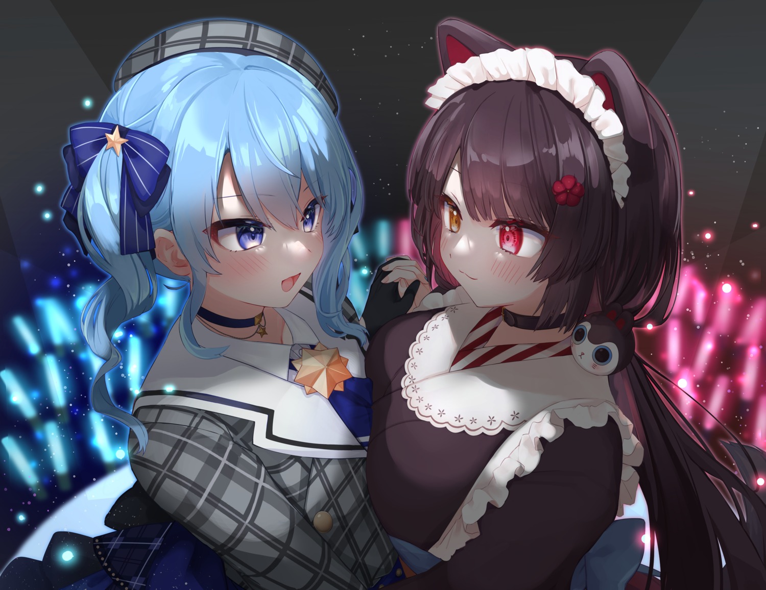 animal_ears, festa11307070, heterochromia, hololive, hoshimachi_suisei, inui_toko, inumimi, nijisanji, seifuku, symmetrical_docking