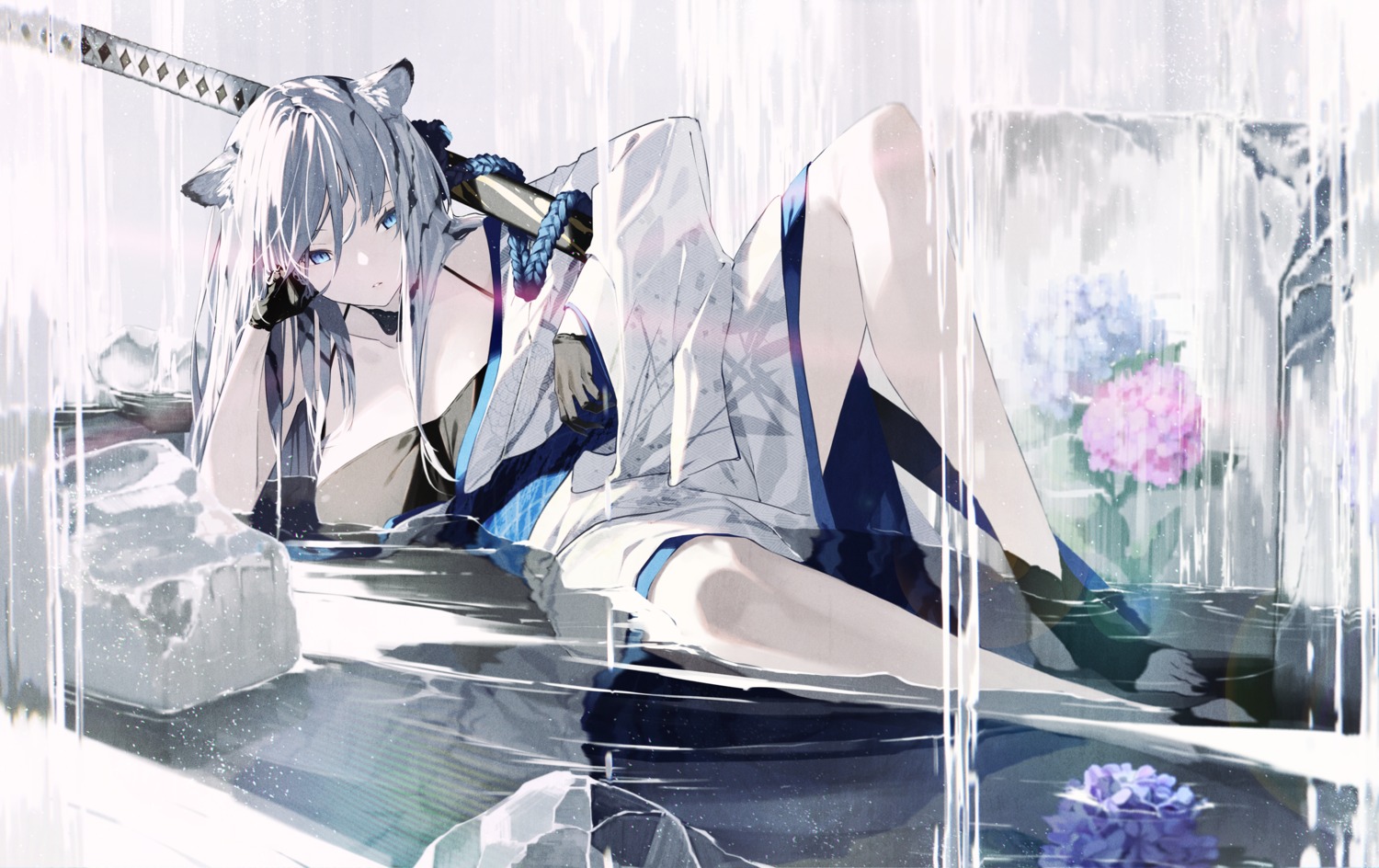 animal_ears, senmu_(senmudayo), sword, wet, yukata