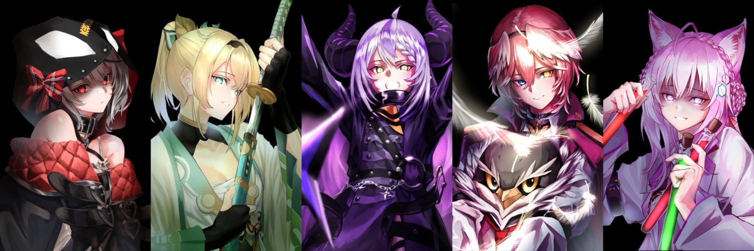 animal_ears, devil, ganmo_(takane_lui), hakui_koyori, heterochromia, hololive, horns, kazama_iroha, la+_darknesss, open_shirt, pointy_ears, qdx4p, sakamata_chloe, sarashi, sword, takane_lui, uniform, wings