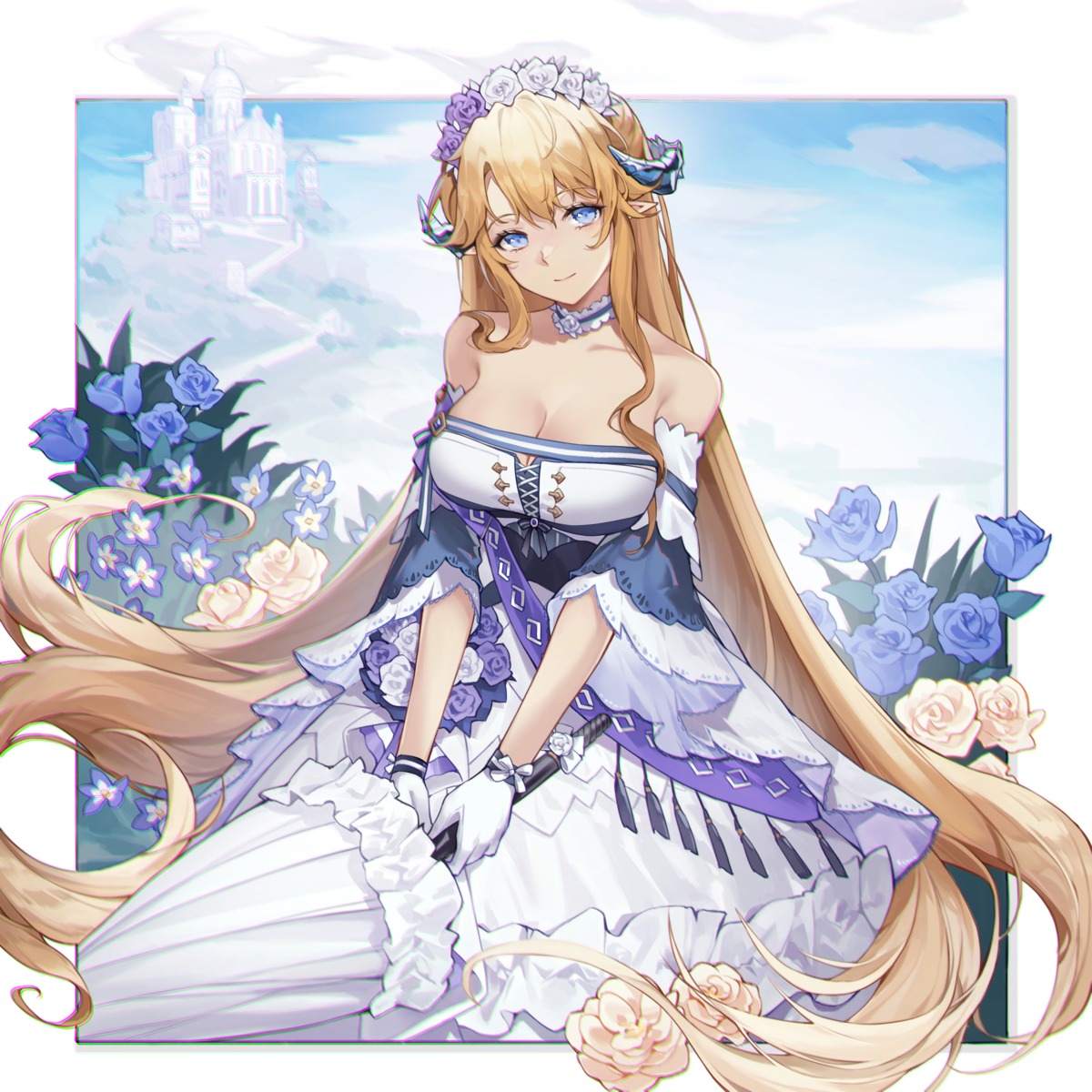 arknights, cleavage, dress, eminya_27, horns, no_bra, pointy_ears, saileach_(arknights)