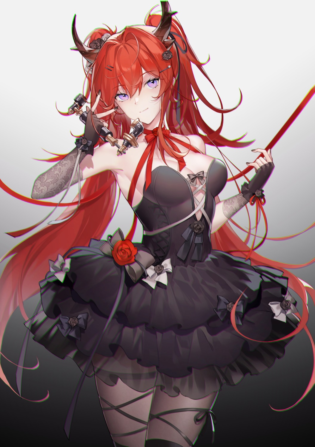 arknights, dress, eminya_27, garter, horns, no_bra, see_through, surtr_(arknights)