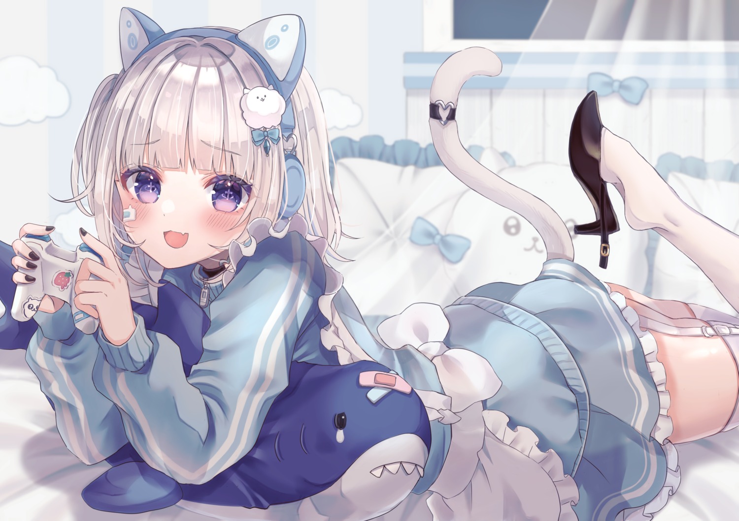 animal_ears, bandaid, botamochi, headphones, heels, indie_virtual_youtuber, mutsuki_mashiro, nekomimi