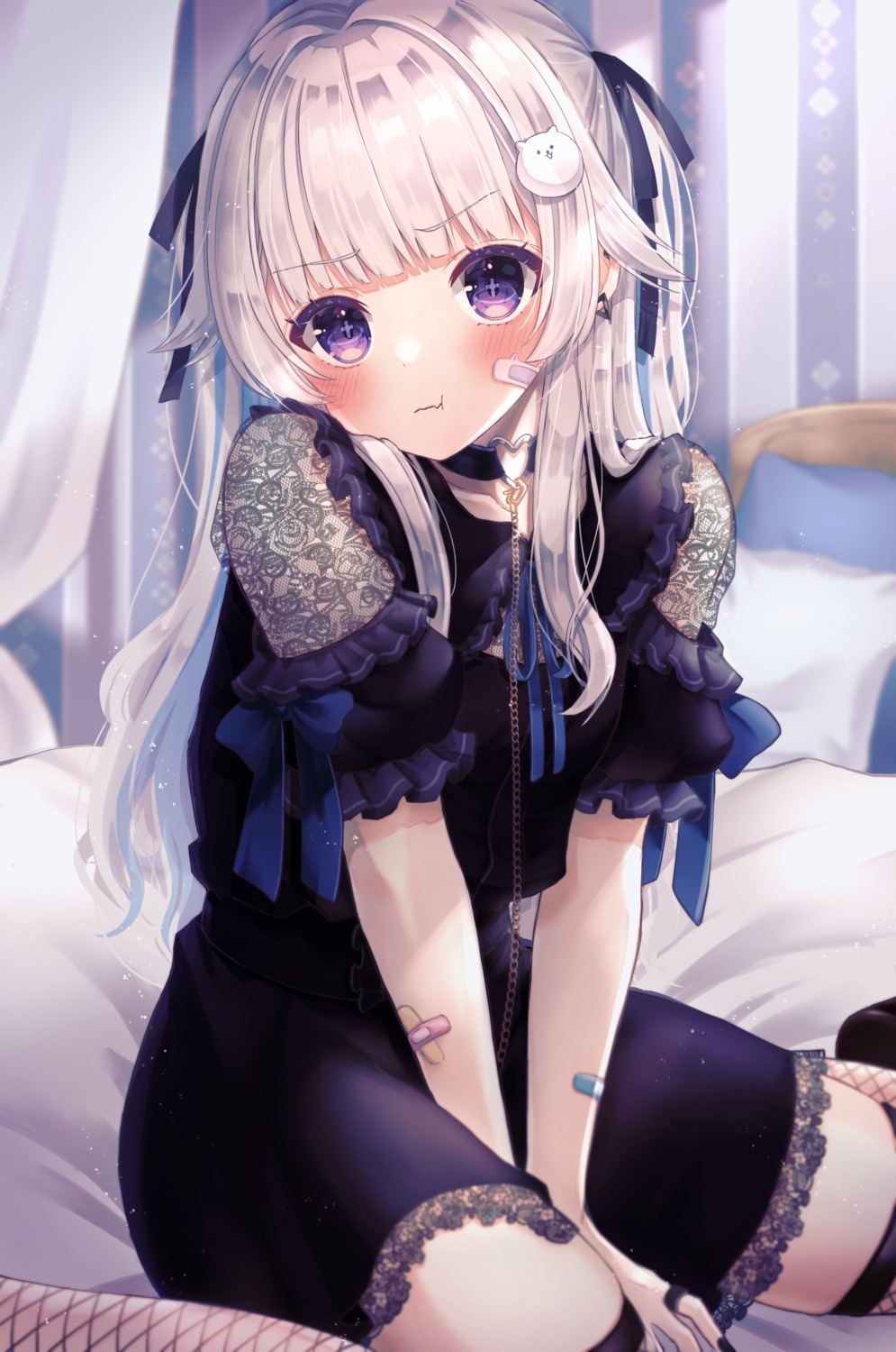 bandaid, botamochi, dress, fishnets, see_through, thighhighs
