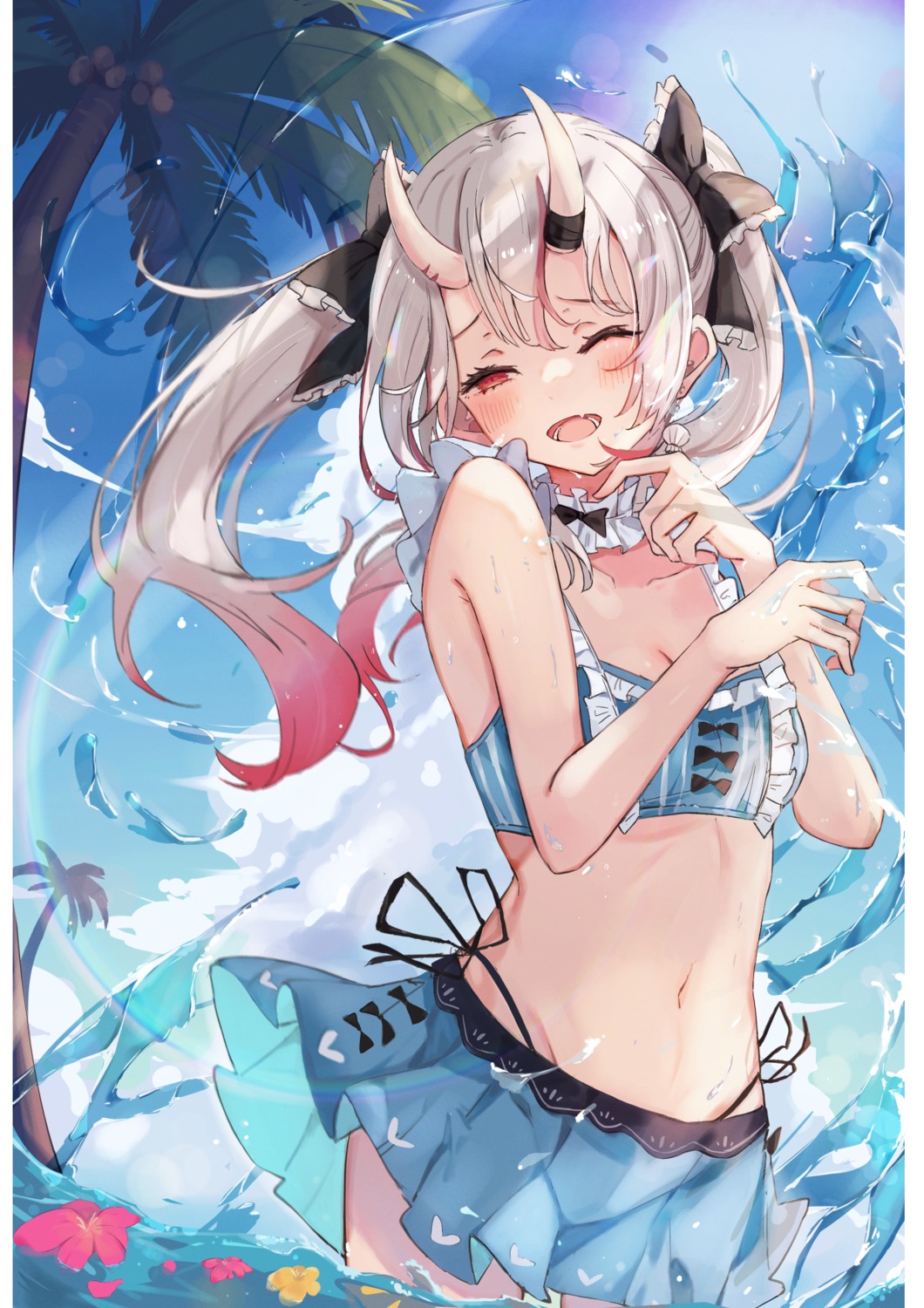 bikini, cleavage, hololive, horns, miakiuehashi, nakiri_ayame, swimsuits, wet