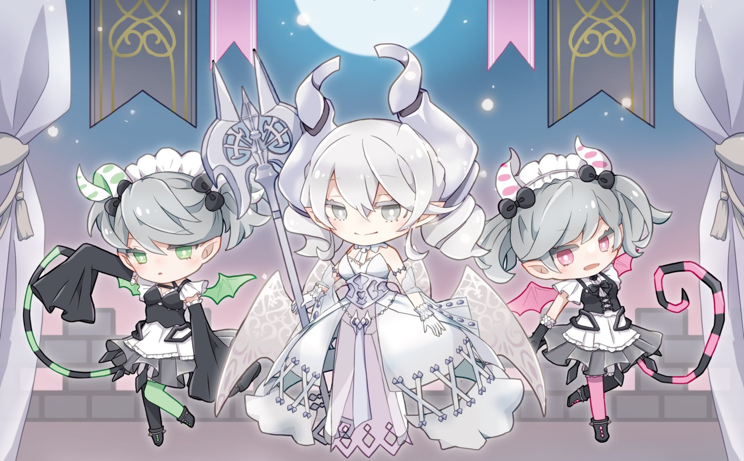 chibi, dress, horns, labrynth_of_the_silver_castle, labrynth_servant_arianna, labrynth_servant_arianne, maid, pointy_ears, tail, watamoofu, weapon, wings, yugioh
