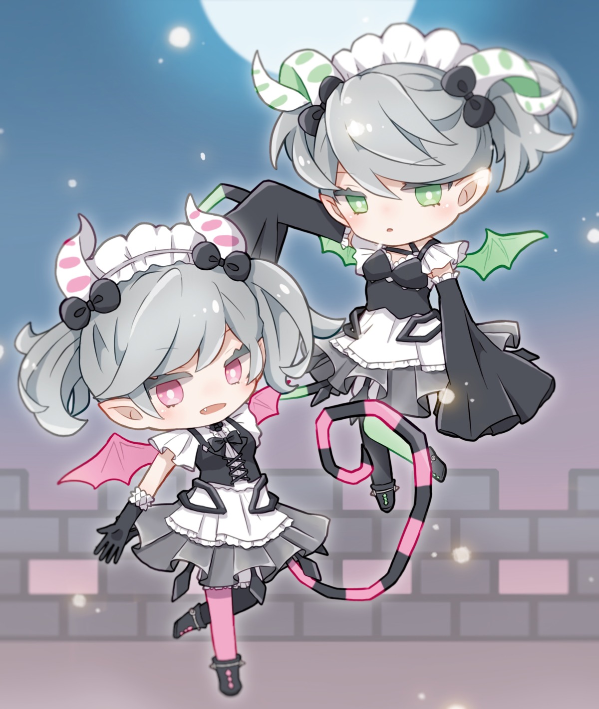 horns, labrynth_servant_arianna, labrynth_servant_arianne, maid, pointy_ears, tail, watamoofu, wings