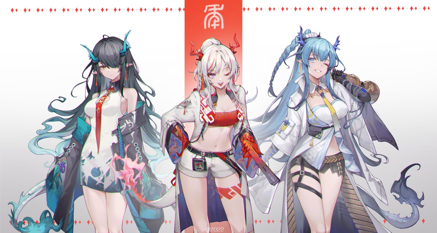 arknights, cleavage, dress, dusk_(arknights), eminya_27, garter, horns, ling_(arknights), nian_(arknights), pointy_ears, tail, tattoo