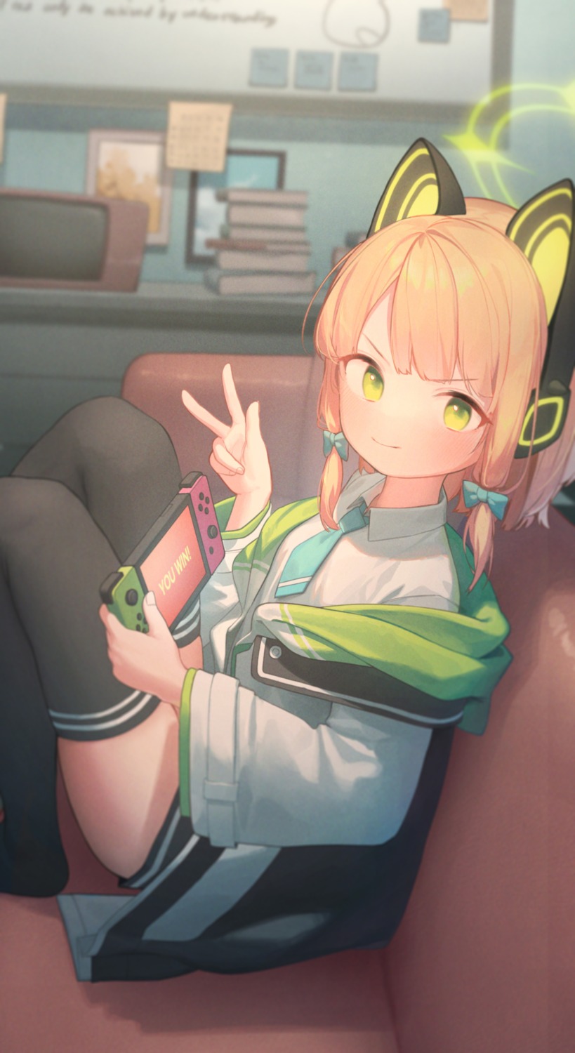 animal_ears, blue_archive, doribae, halo, headphones, nekomimi, saiba_midori, seifuku