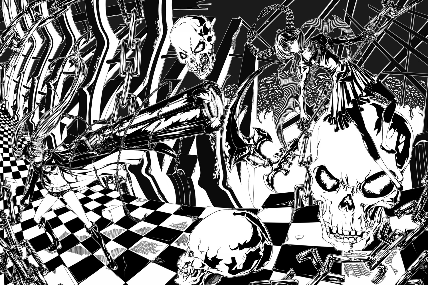black_rock_shooter, black_rock_shooter_(character), dead_master, gun, monochrome, sword, todee, vocaloid