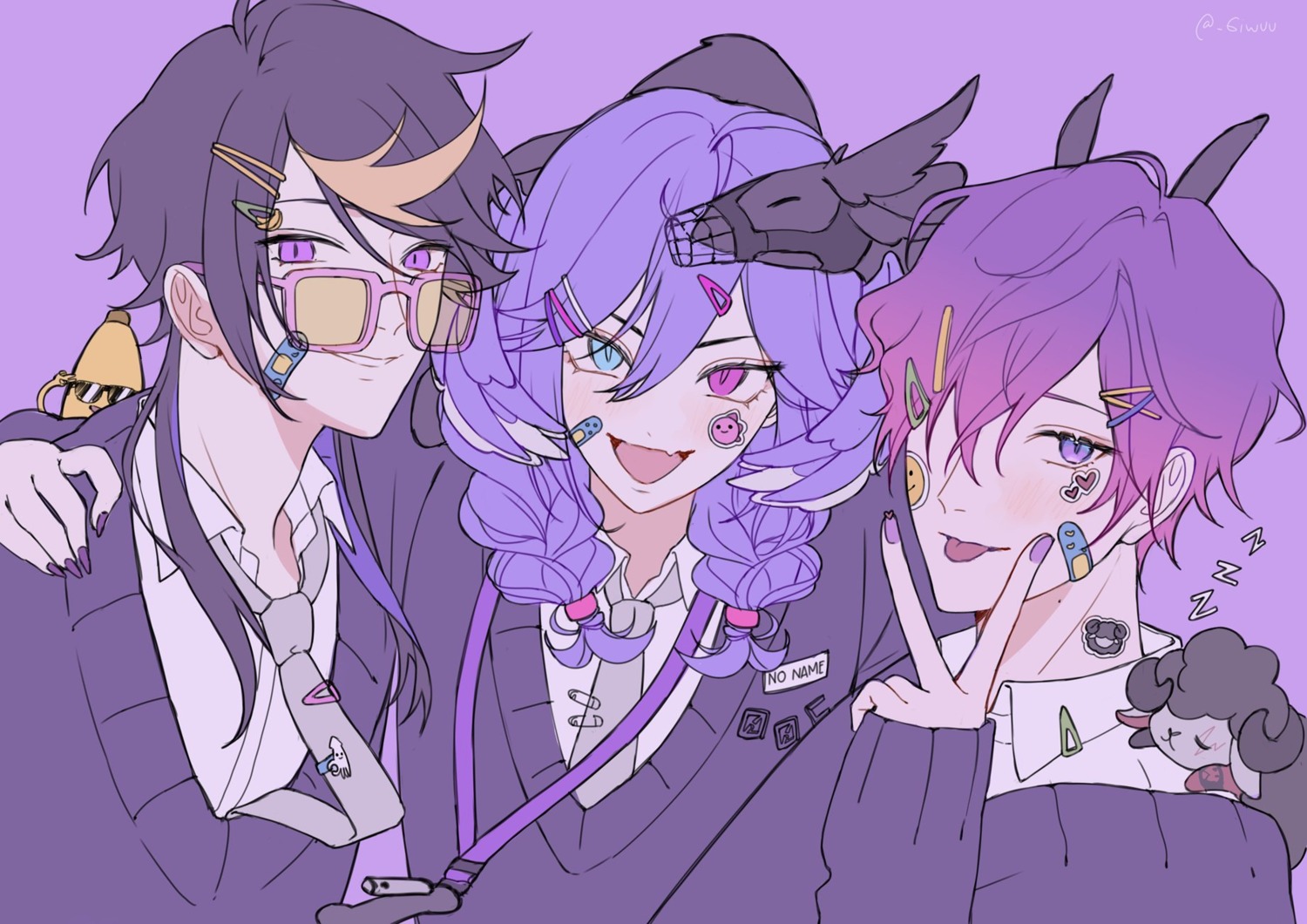 bandaid, ember_(selen_tatsuki), giwuu, heterochromia, megane, nijisanji, nijisanji_en, seifuku, selen_tatsuki, shu_yamino, sweater, uki_violeta, wings