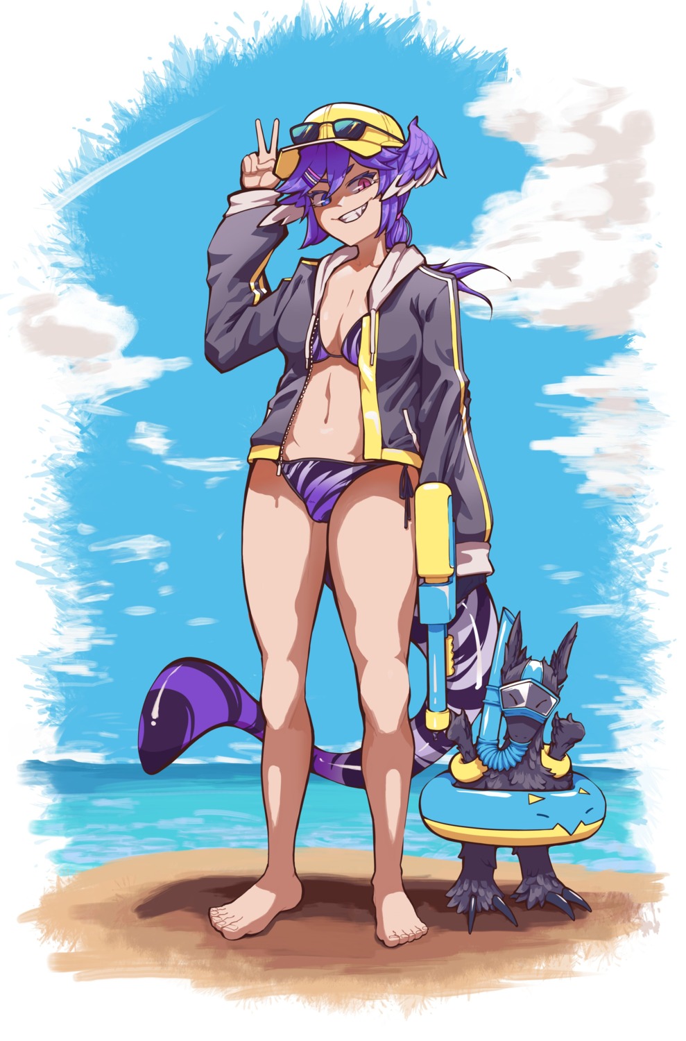 bikini, cleavage, ember_(selen_tatsuki), feet, gun, heterochromia, klarc, megane, monster, nijisanji, nijisanji_en, open_shirt, selen_tatsuki, swimsuits, tail