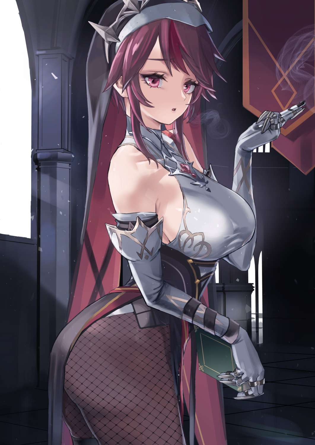 armor, ass, fishnets, genshin_impact, no_bra, nun, pantyhose, pizzasi, rosaria