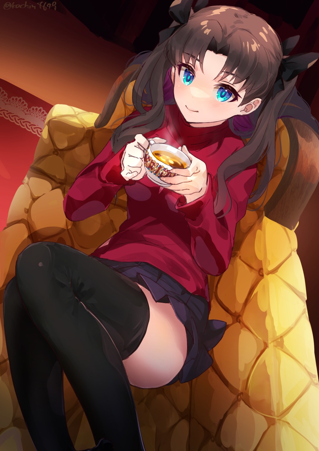 fate/stay_night, kachin, skirt_lift, thighhighs, toosaka_rin