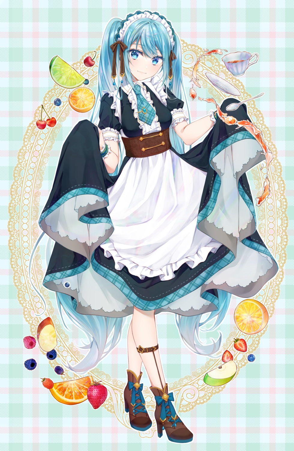 drawing_kanon, hatsune_miku, heels, maid, skirt_lift, vocaloid