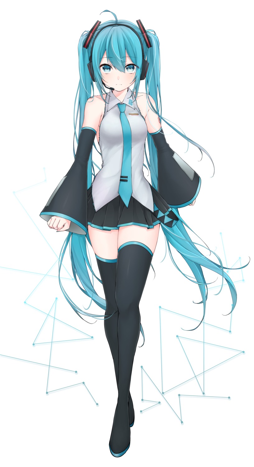 drawing_kanon, hatsune_miku, headphones, tattoo, thighhighs, vocaloid