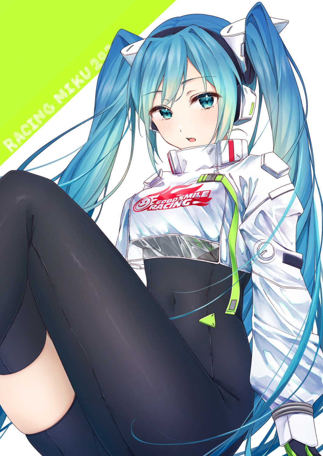 bodysuit, drawing_kanon, goodsmile_racing, hatsune_miku, headphones, racing_miku, see_through, thighhighs