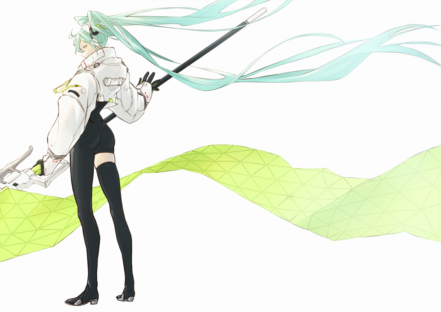 ass, bodysuit, goodsmile_racing, hatsune_miku, headphones, heels, racing_miku, thighhighs, vocaloid, yo_(pixiv_60017012)