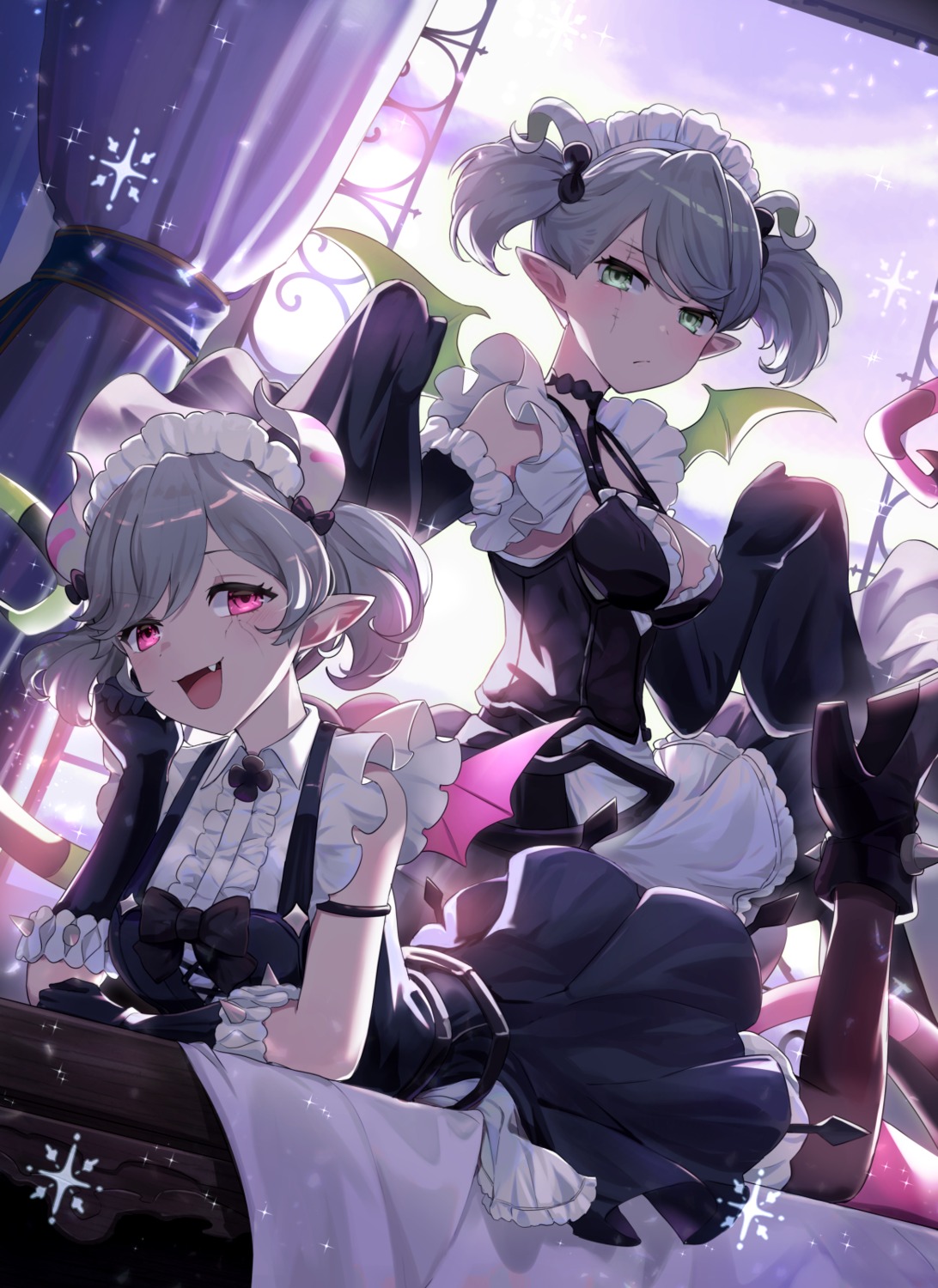 devil, heels, horns, hsin, labrynth_servant_arianna, labrynth_servant_arianne, maid, pointy_ears, tail, wings, yugioh