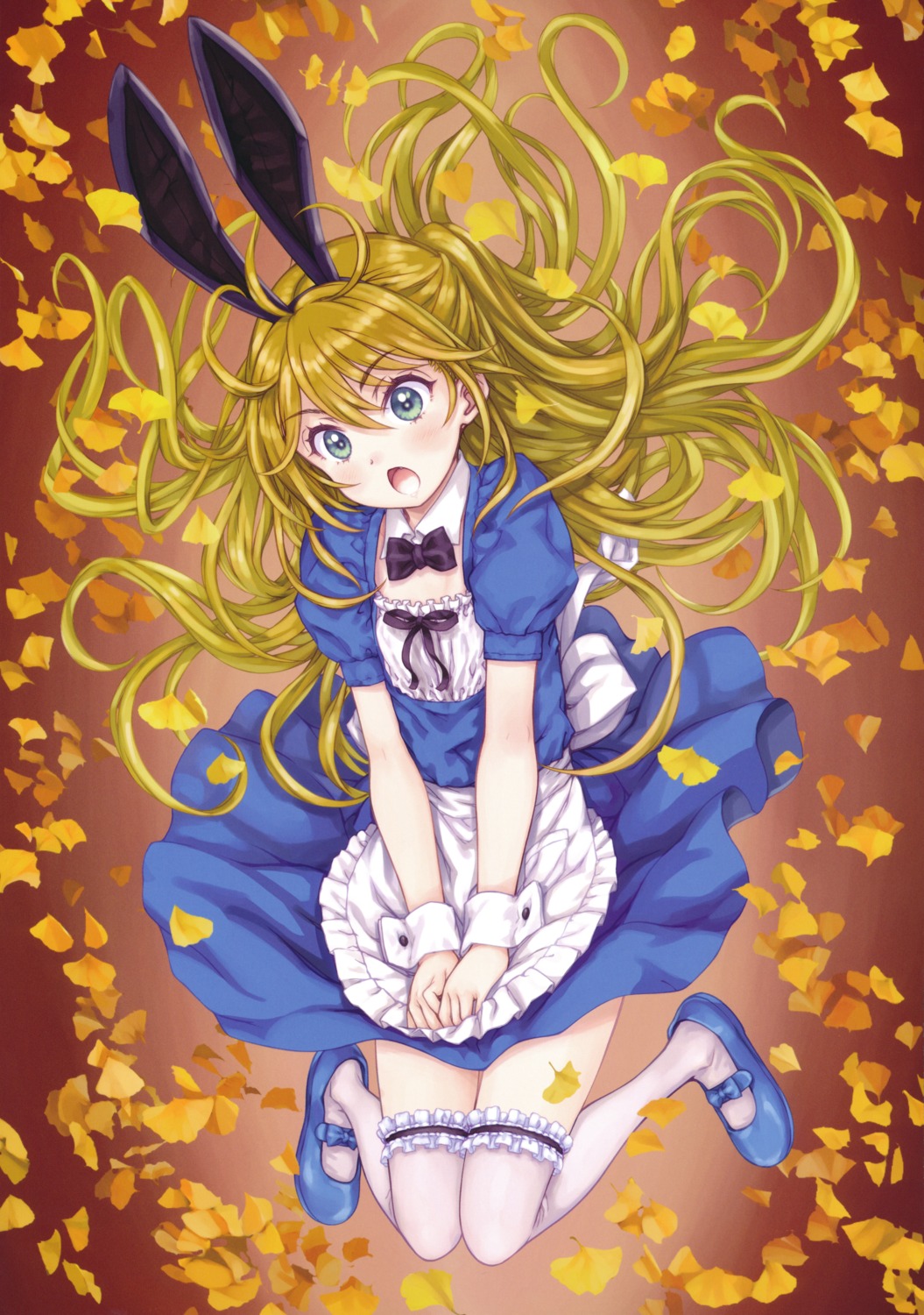 animal_ears, bunny_ears, dress, focke_wulf, paper_texture, skirt_lift, super_flat_lolinitron, thighhighs