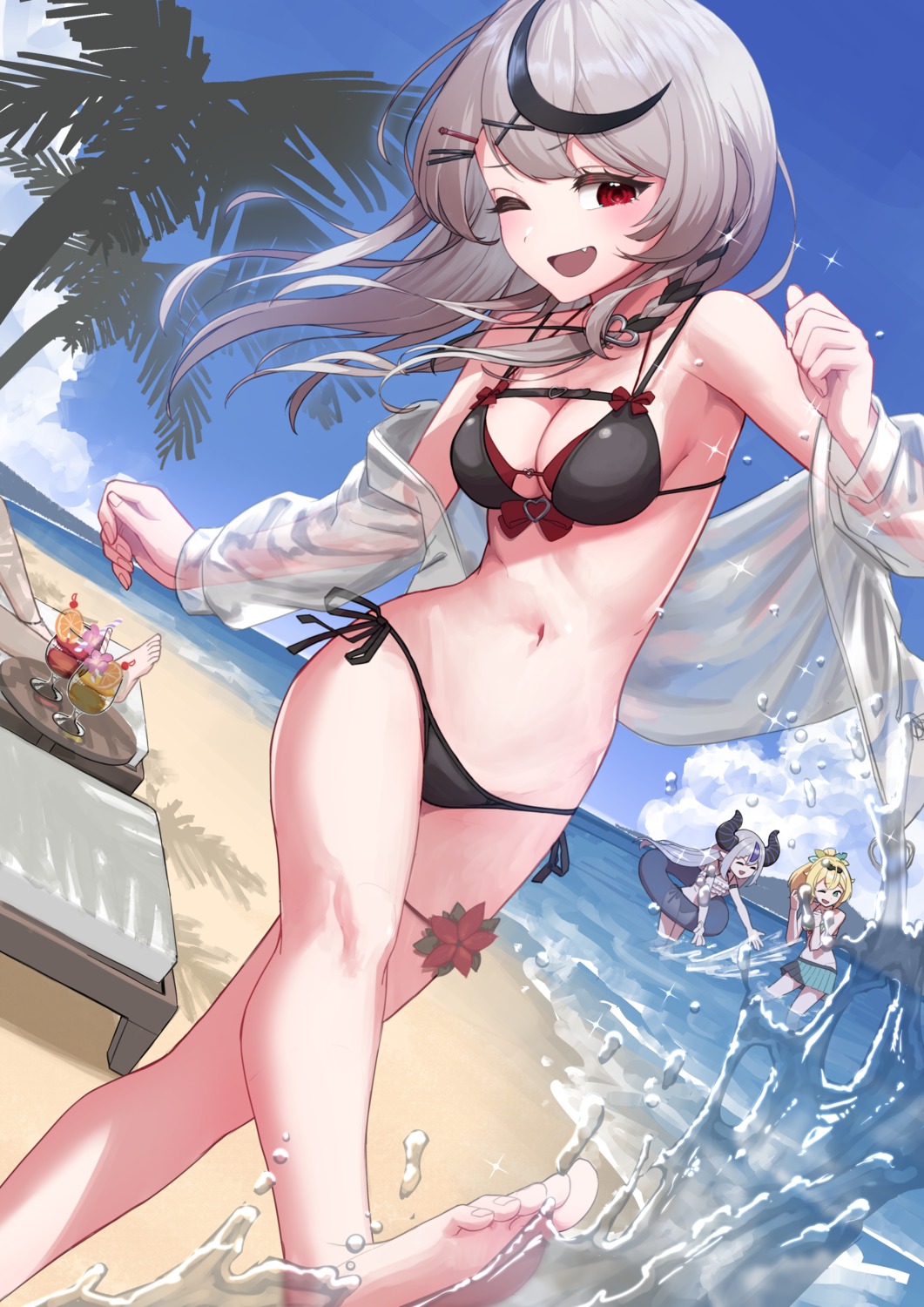 arimoto_wataru, bikini, devil, garter, hololive, horns, kazama_iroha, la+_darknesss, open_shirt, pointy_ears, sakamata_chloe, see_through, swimsuits, takane_lui, wet, wings