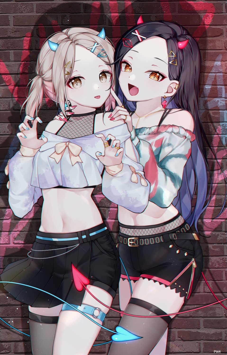 azusawa_kohane, fishnets, garter, horns, pik4, project_sekai, shiraishi_an, skirt_lift