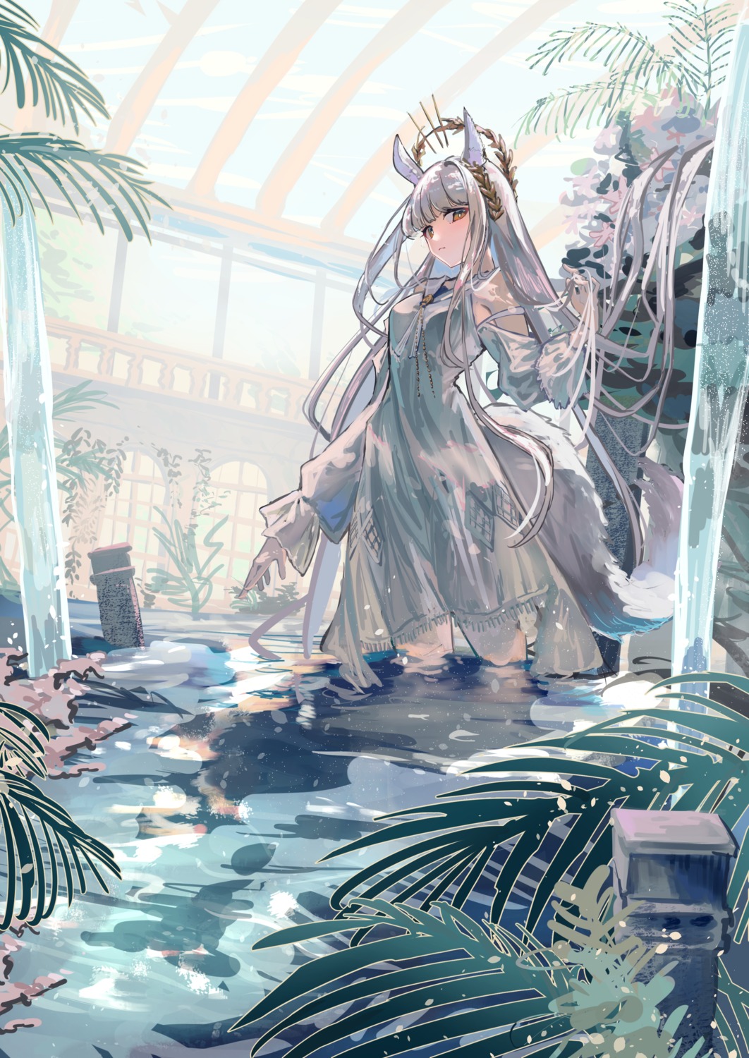 animal_ears, arknights, dress, natsuba002, platinum_(arknights), tail, wet