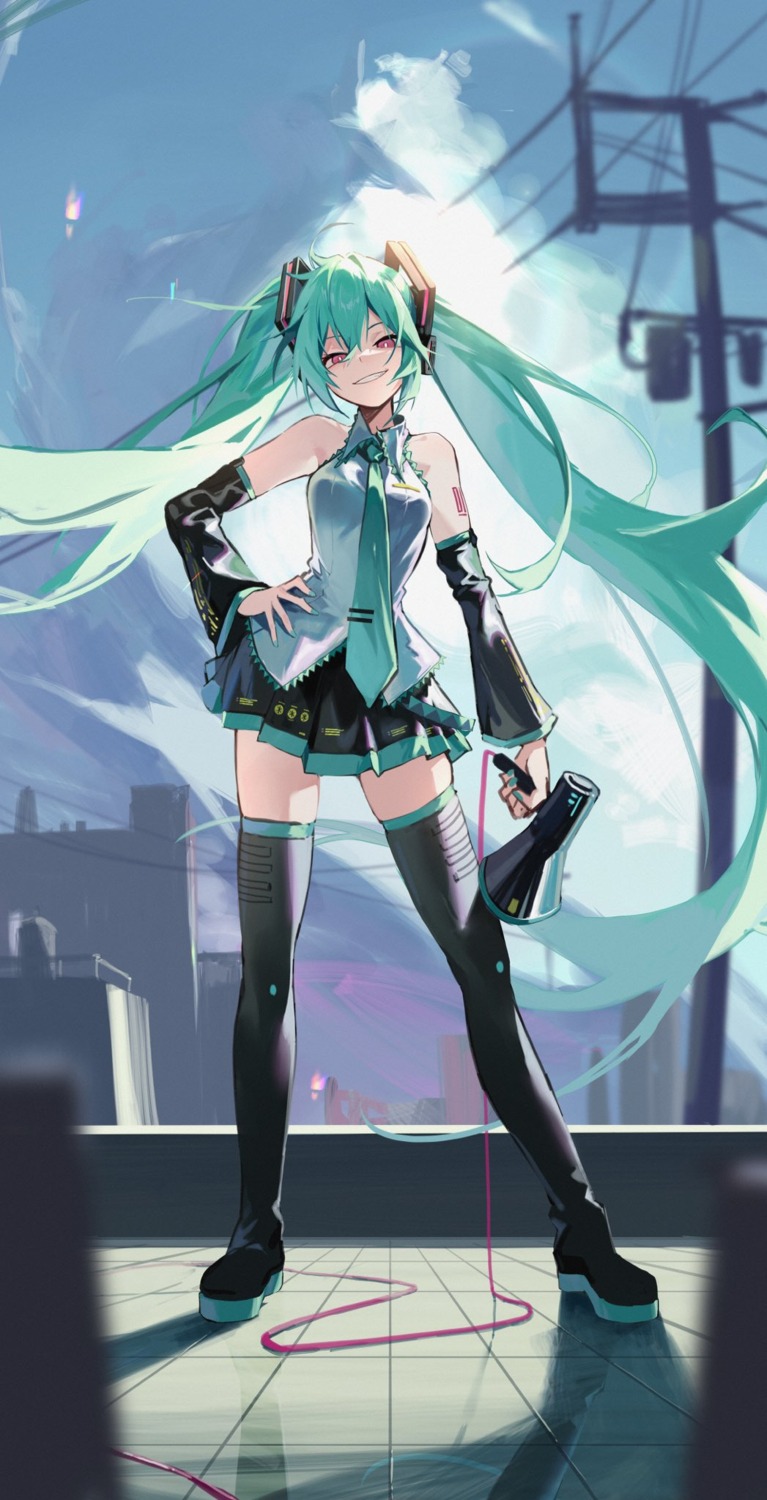 hatsune_miku, headphones, jiuyesang, tattoo, thighhighs, vocaloid
