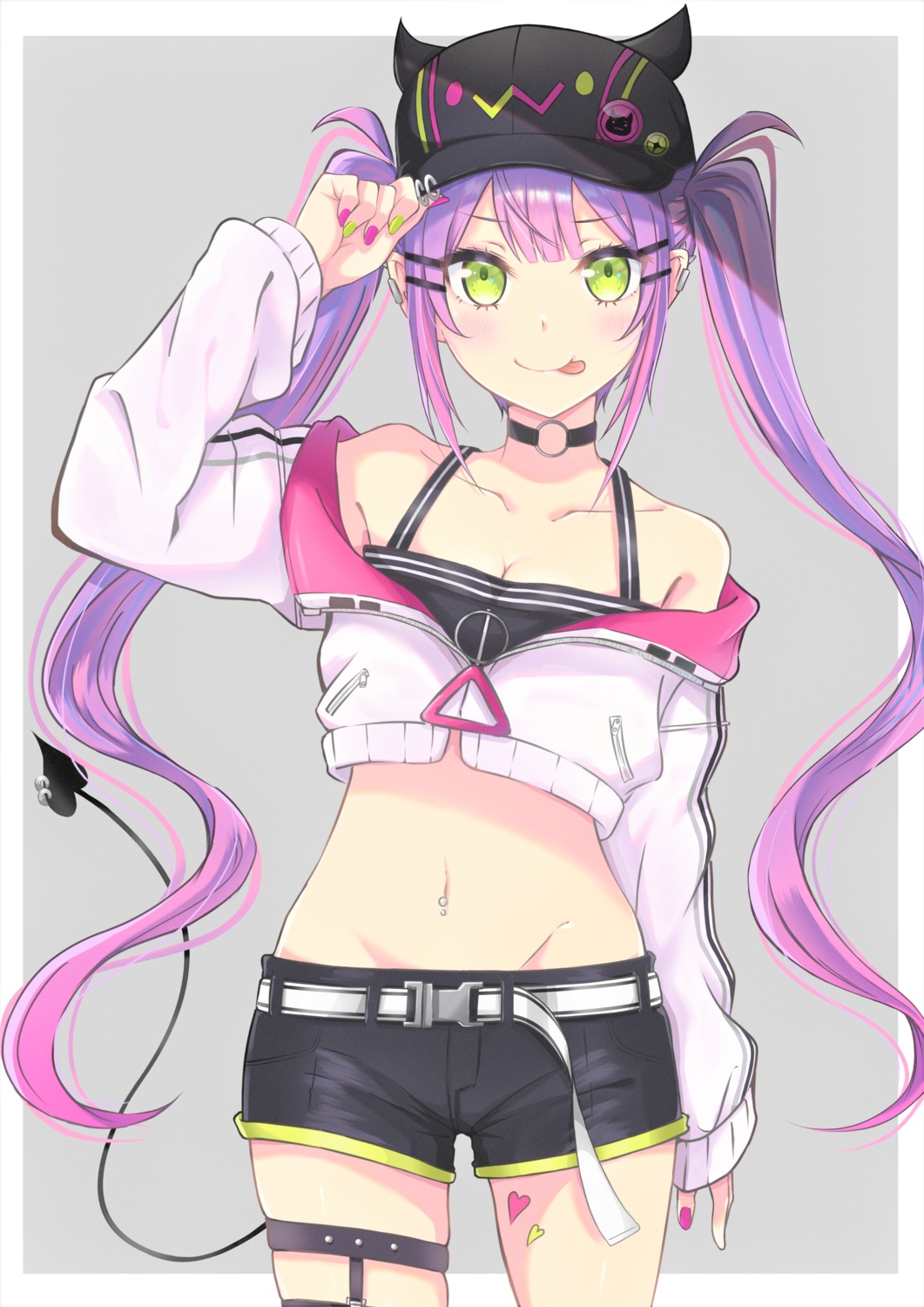 garter, hololive, horns, pointy_ears, tail, tilu, tokoyami_towa