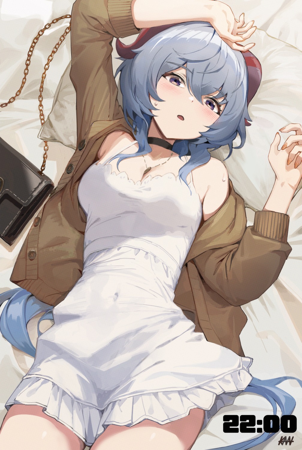 cleavage, dress, ganyu, genshin_impact, horns, kawa683, no_bra, summer_dress