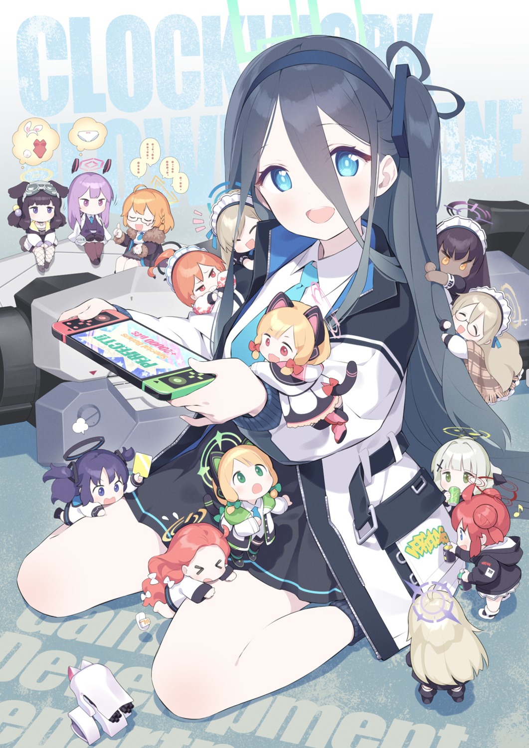 animal_ears, blue_archive, chibi, gayarou, halo, hanaoka_yuzu, hayase_yuuka, headphones