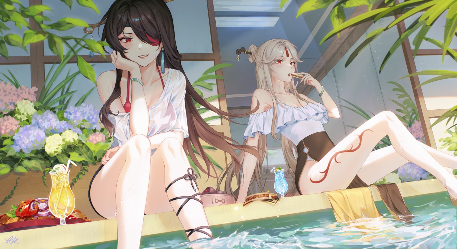 beidou, bikini_top, eyepatch, genshin_impact, kgynh, ningguang, see_through, swimsuits, tattoo, wet, wet_clothes