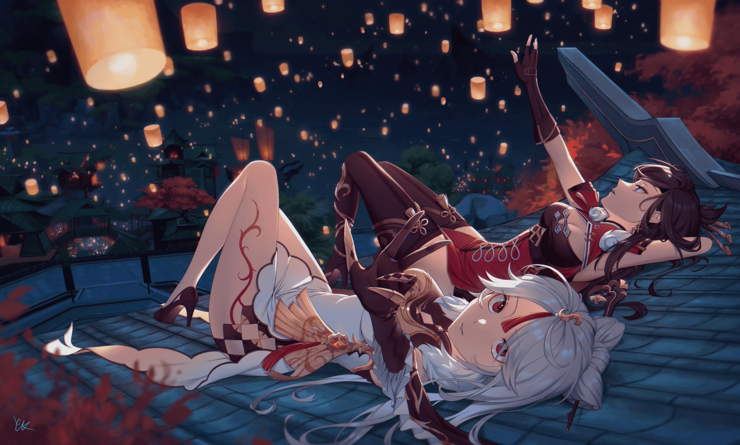 asian_clothes, beidou, genshin_impact, heels, kgynh, ningguang, tattoo, thighhighs