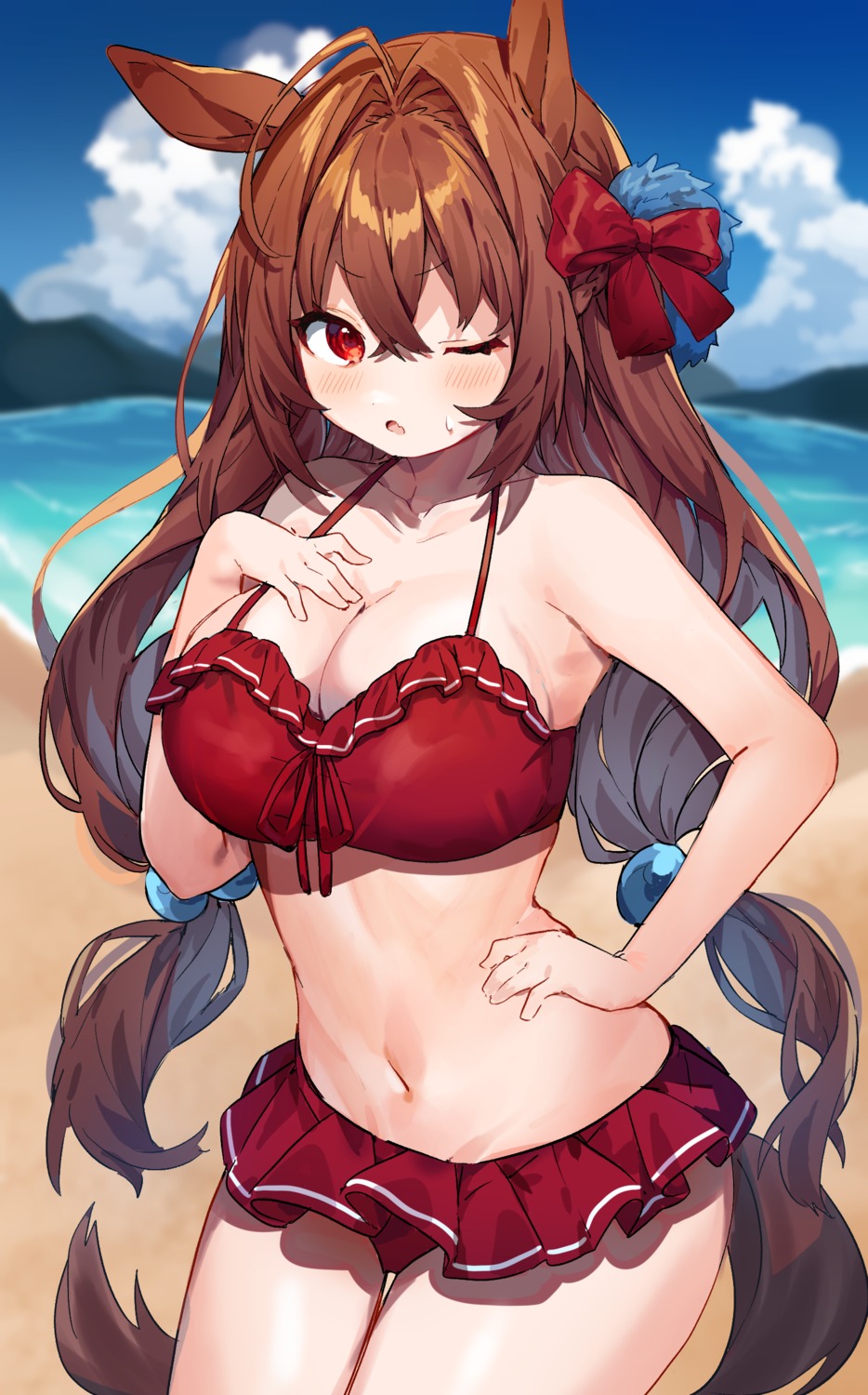 animal_ears, cleavage, daiwa_scarlet_(umamusume), inu_(puputizy), skirt_lift, swimsuits, tail, uma_musume_pretty_derby