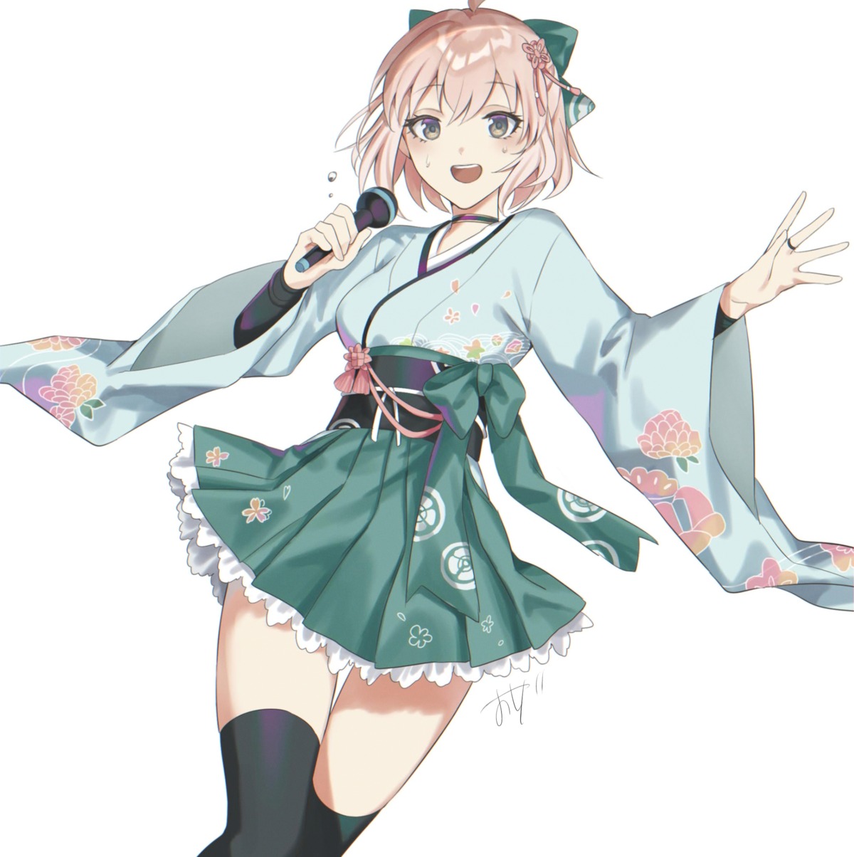 fate/grand_order, japanese_clothes, okita_souji_(fate), oshage_(osyage921), skirt_lift, thighhighs