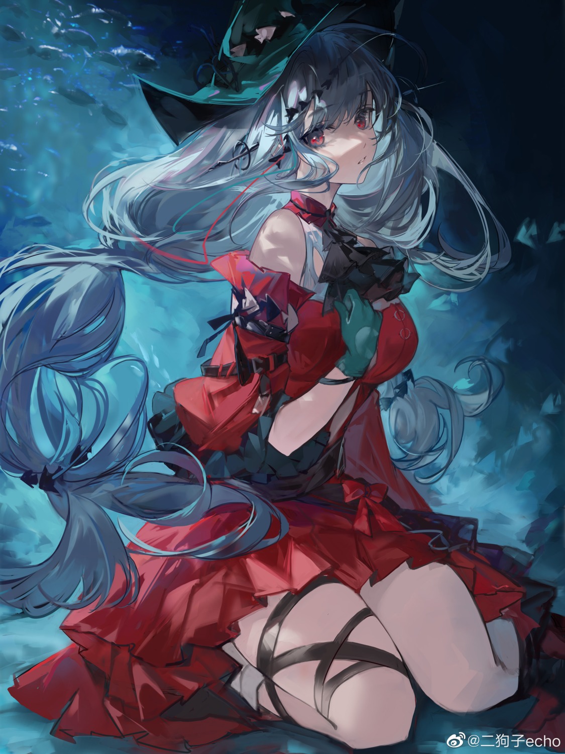 arknights, ergouzi_echo, garter, lolita_fashion, skadi_(arknights), watermark, witch