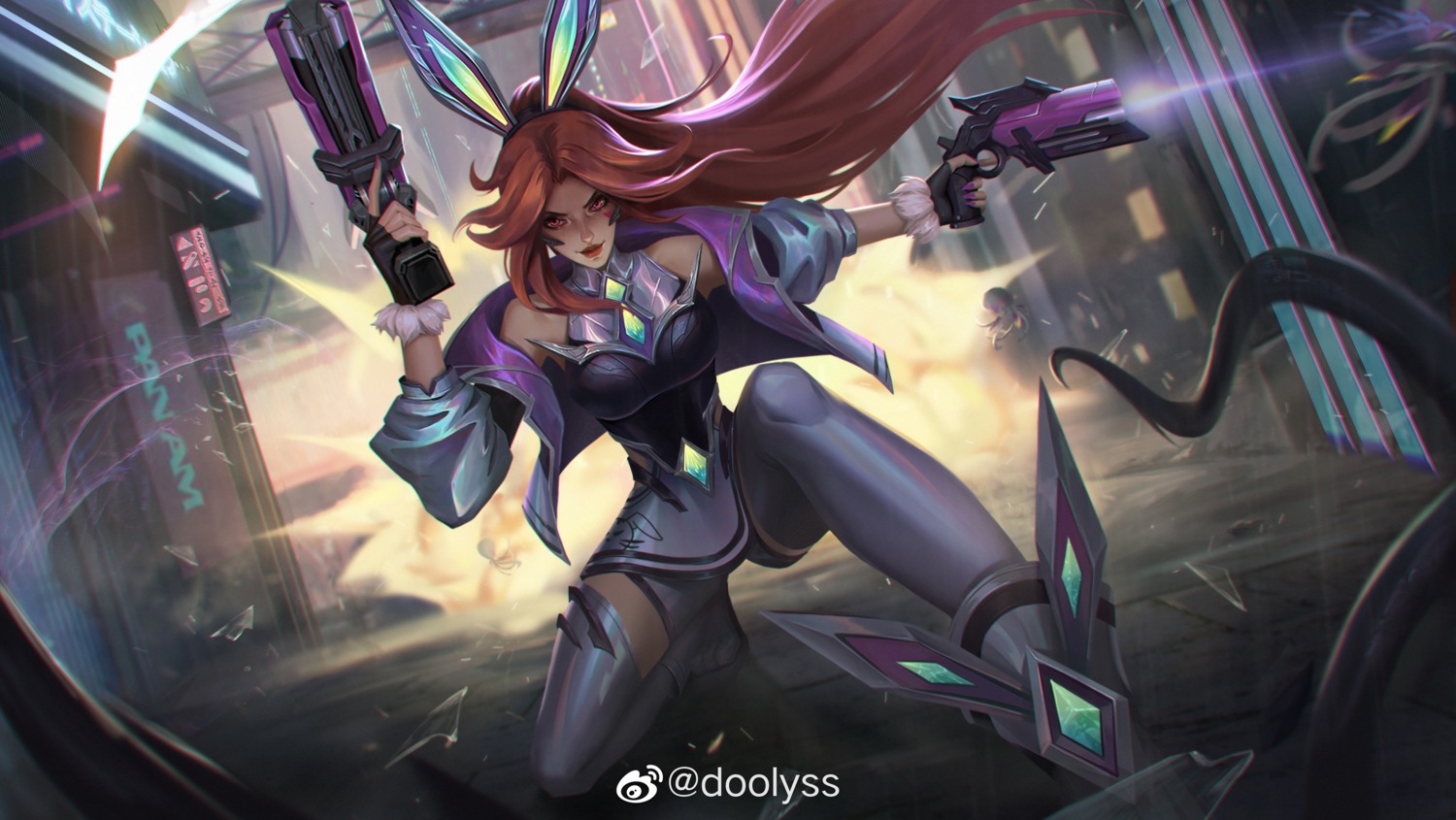 animal_ears, armor, bunny_ears, doolyss, gun, league_of_legends, miss_fortune, thighhighs, watermark