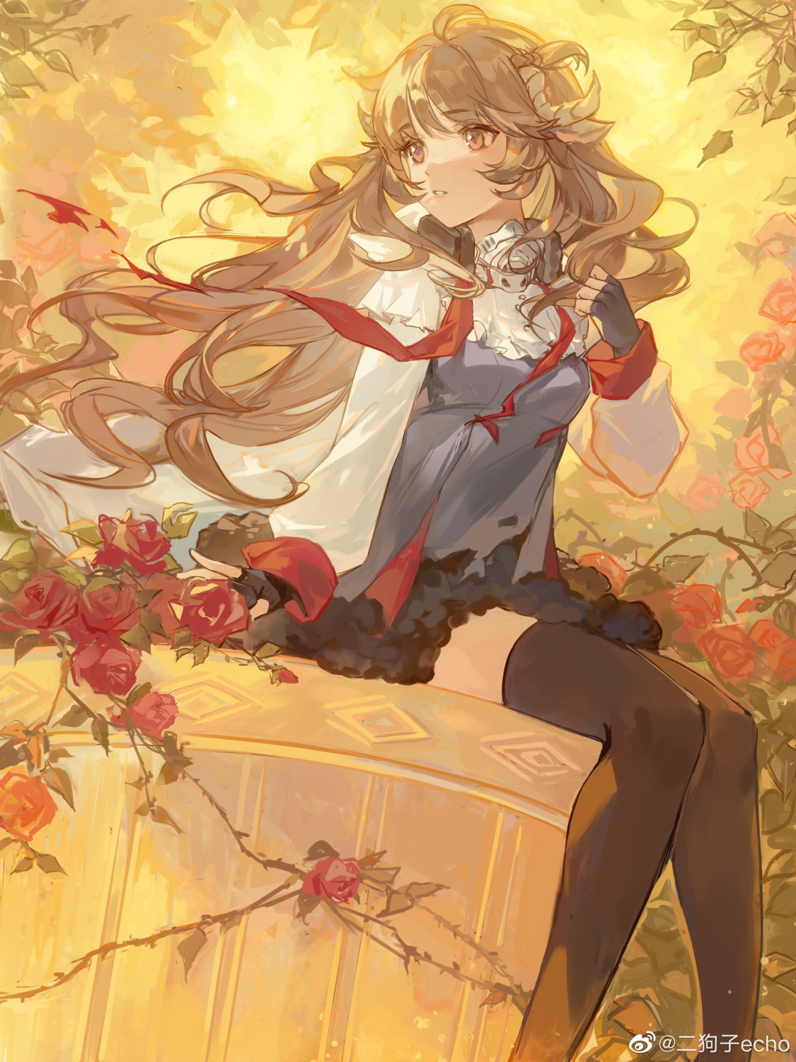 animal_ears, arknights, ergouzi_echo, eyjafjalla_(arknights), horns, thighhighs, torn_clothes