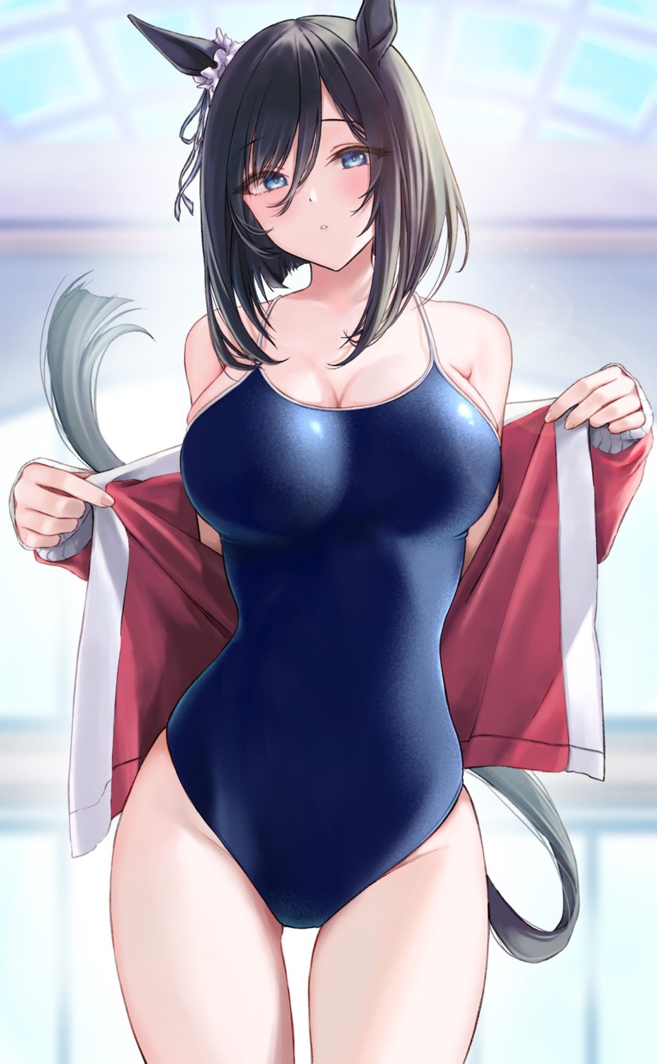 animal_ears, cleavage, eishin_flash_(umamusume), gym_uniform, huziko, school_swimsuit, swimsuits, tail