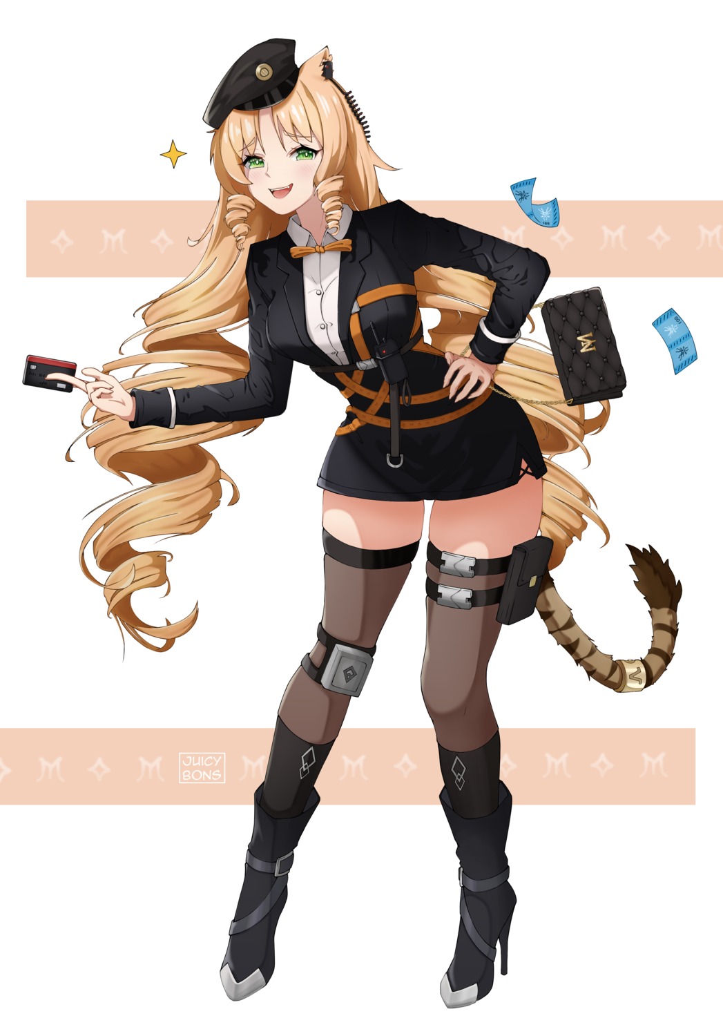 animal_ears, arknights, garter, heels, juicybons, swire_(arknights), tail, thighhighs