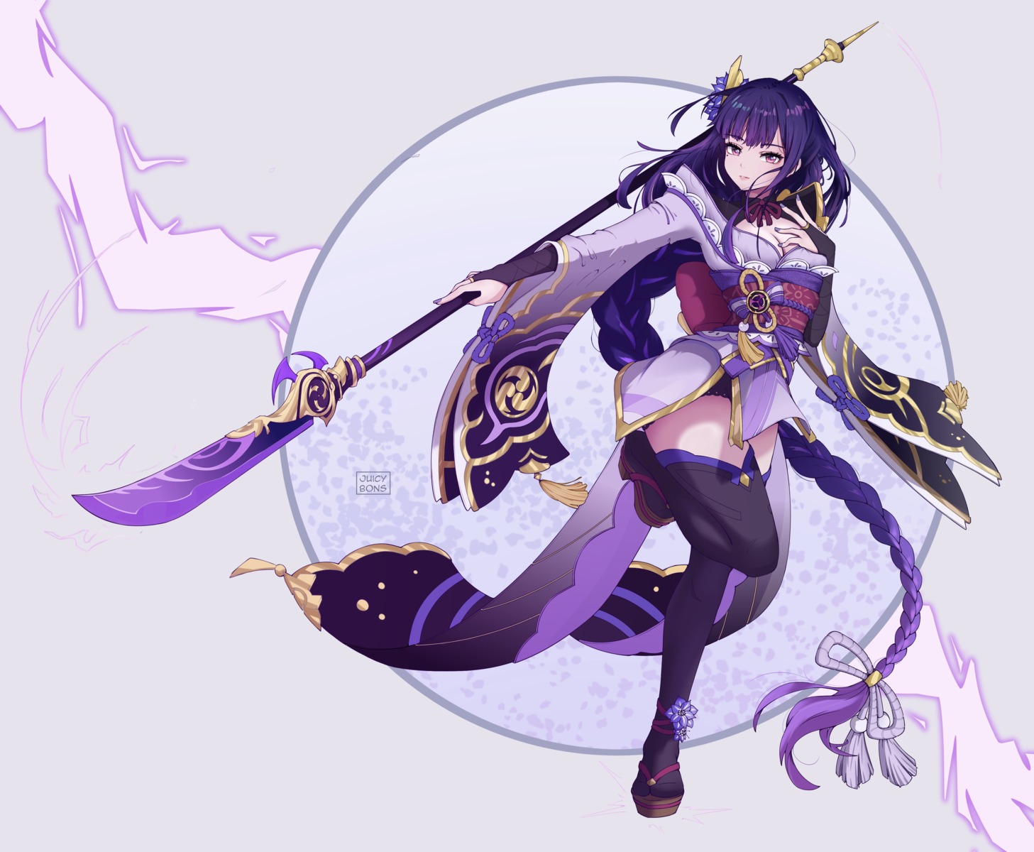 cleavage, genshin_impact, japanese_clothes, juicybons, no_bra, open_shirt, raiden_shogun, thighhighs, weapon