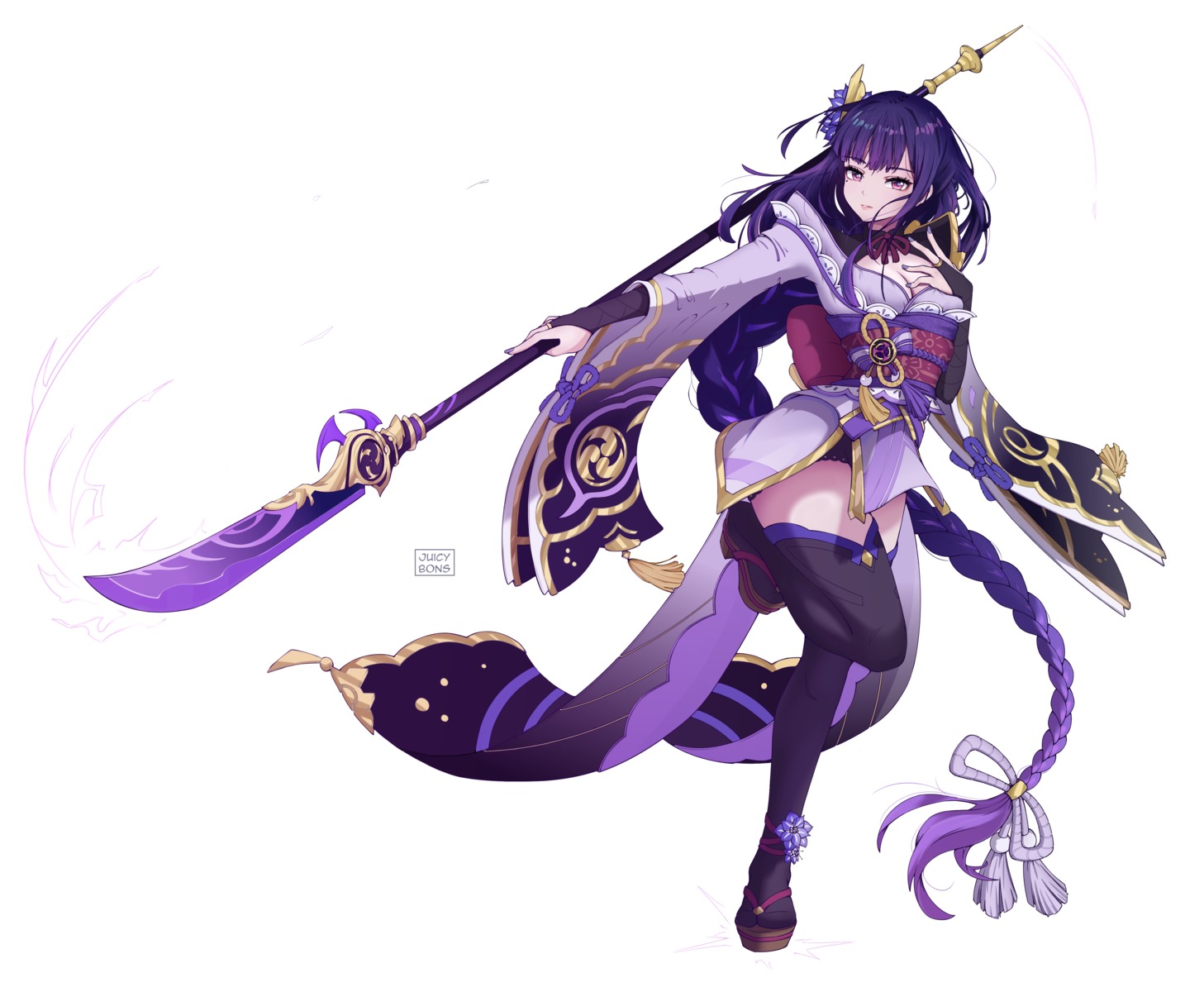 cleavage, genshin_impact, japanese_clothes, juicybons, no_bra, open_shirt, raiden_shogun, thighhighs, weapon