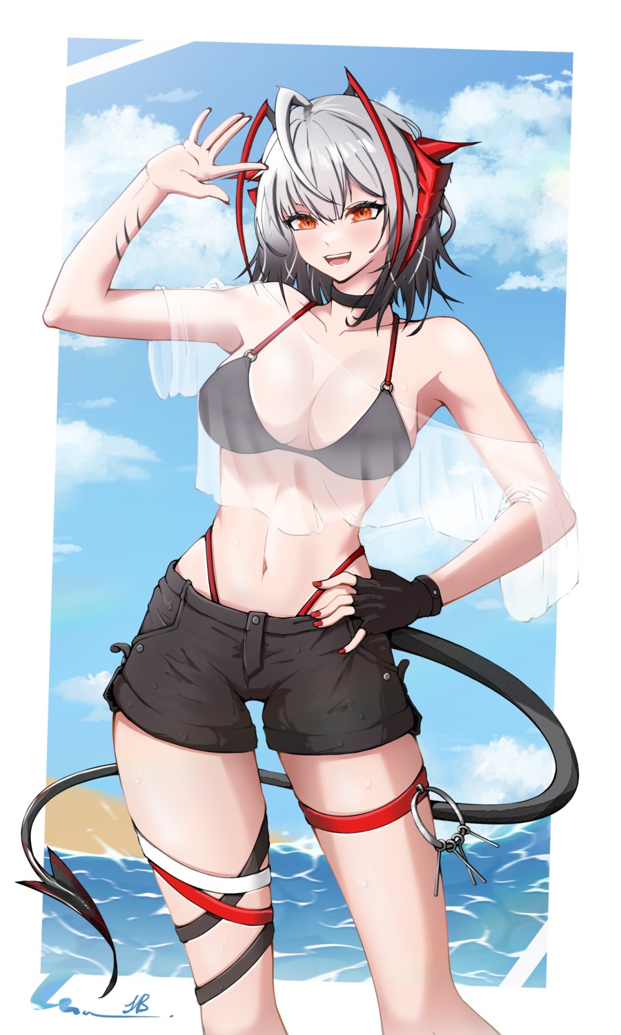 arknights, bikini, garter, horns, juicybons, see_through, swimsuits, tail, w_(arknights)