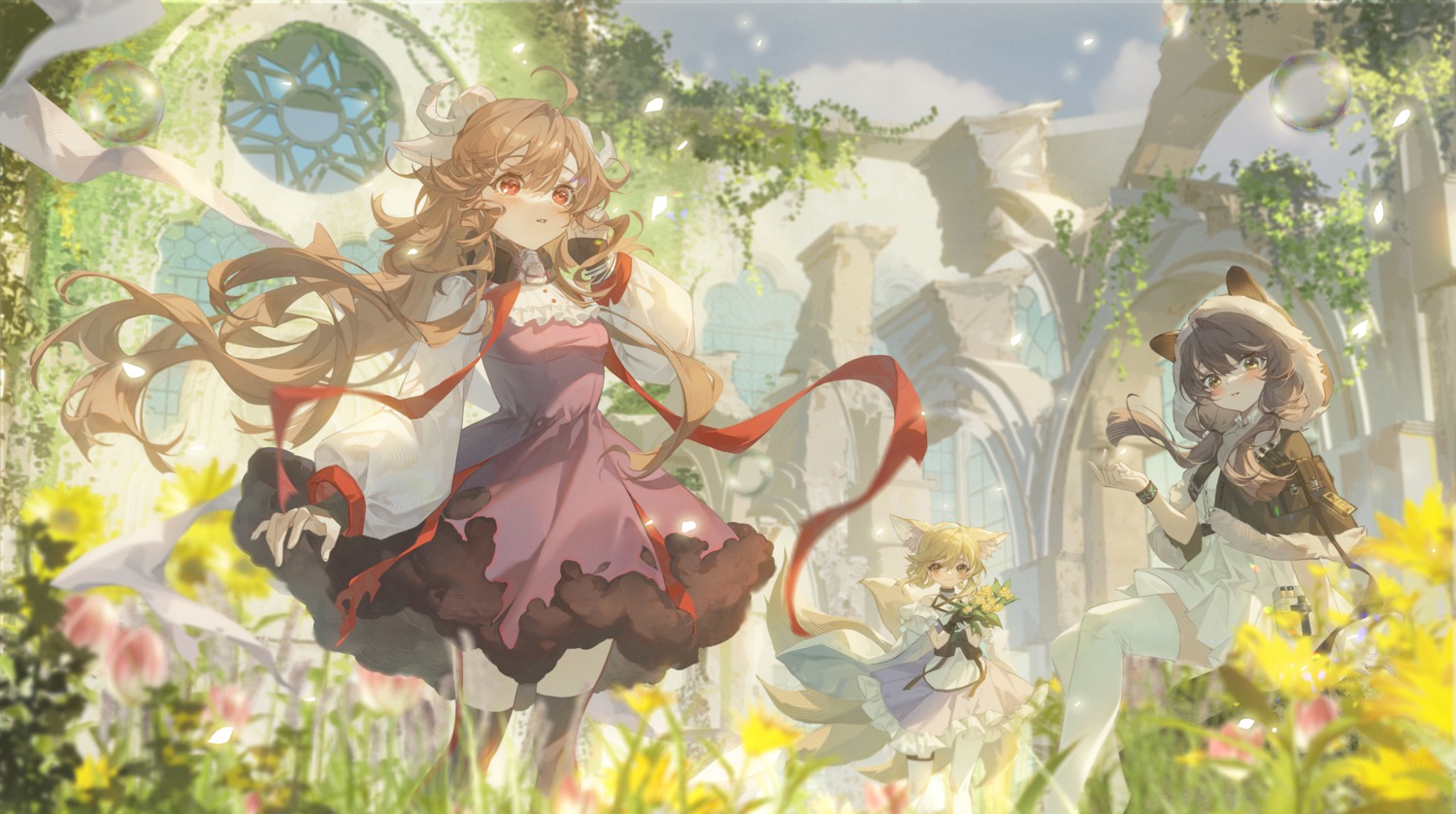 animal_ears, arknights, dress, eyjafjalla_(arknights), honeyberry_(arknights), horns, kitsune, suzuran_(arknights), tail, thighhighs, tuzhate