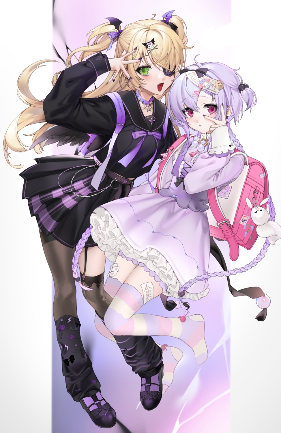 bandaid, eyepatch, fischl, garter, genshin_impact, kuromi_(sanrio), lolita_fashion, my_melody