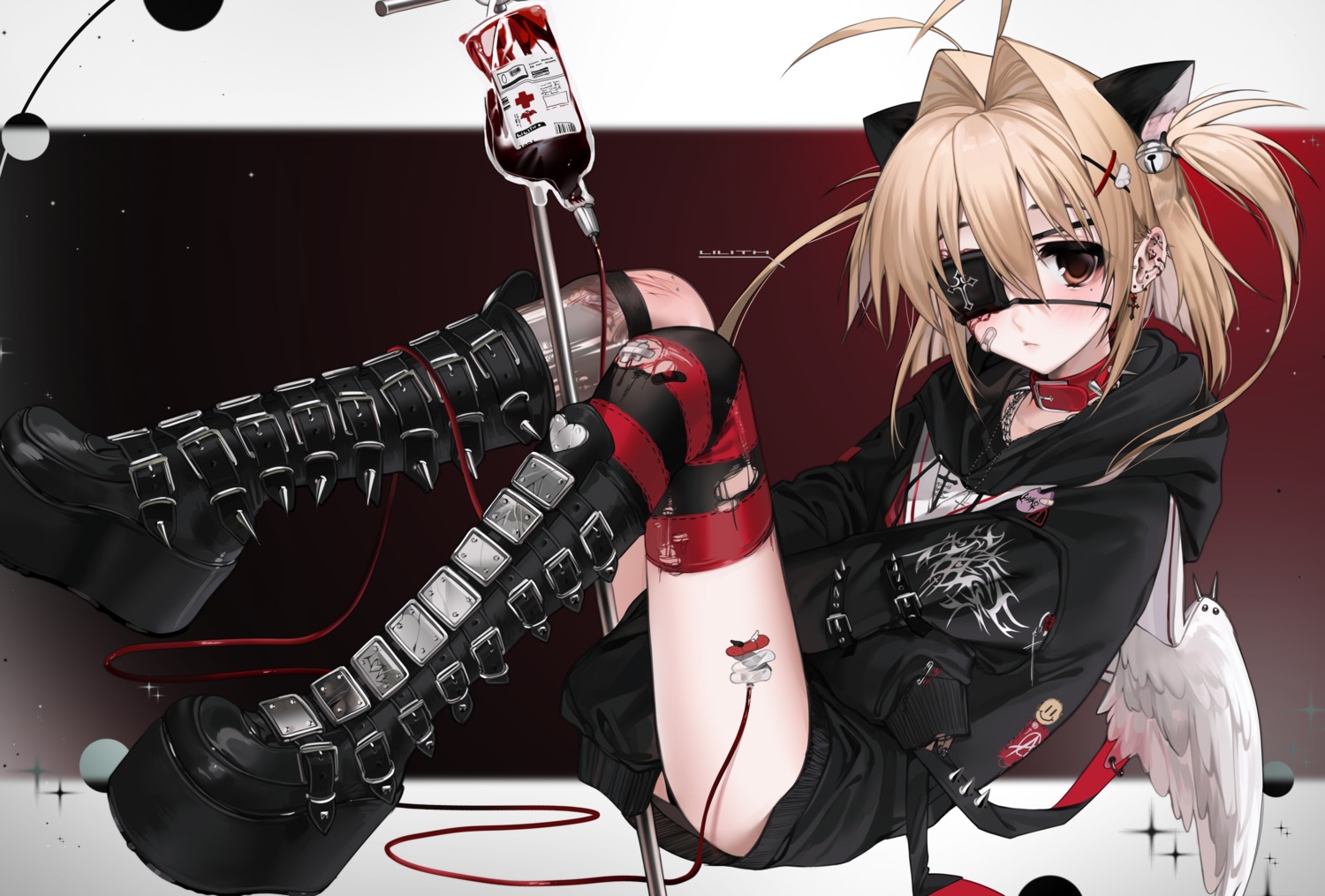 animal_ears, bandaid, blood, eyepatch, lilith_(unxi), nekomimi, pantsu, thighhighs