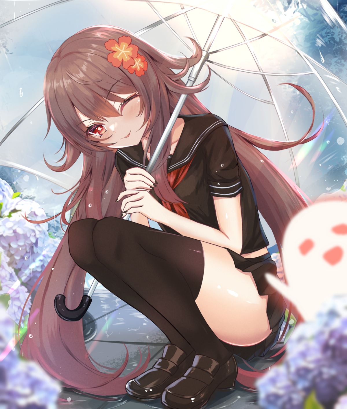 genshin_impact, habu_rin, hu_tao, seifuku, skirt_lift, thighhighs, umbrella