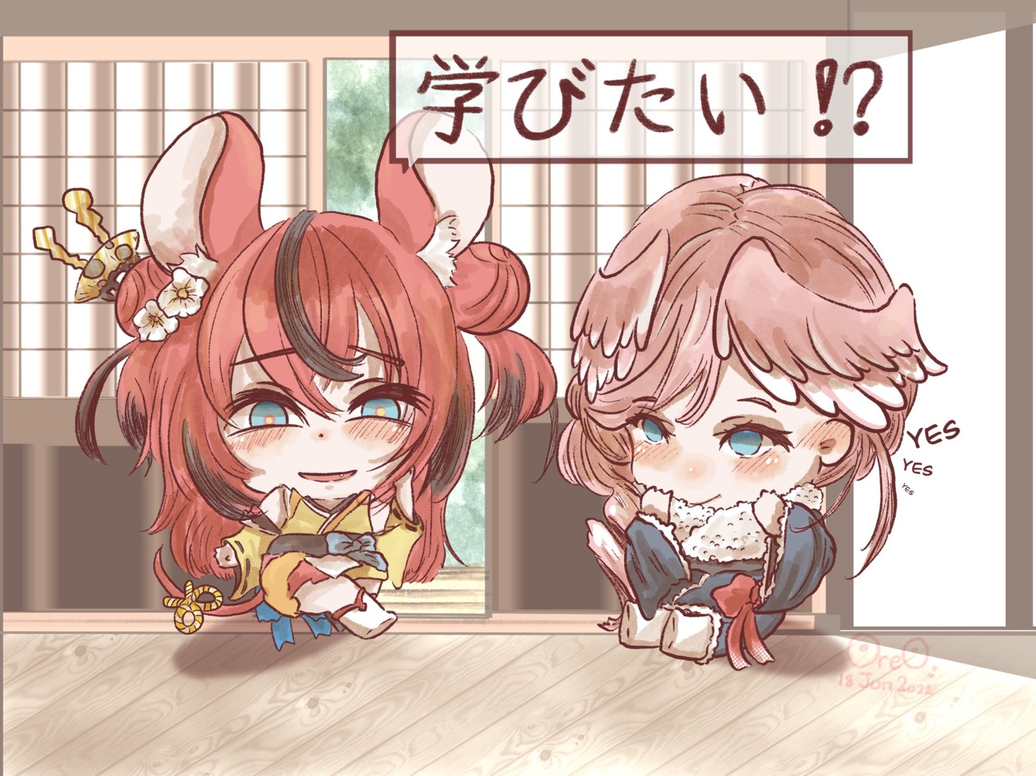 animal_ears, chibi, fernroreo, hakos_baelz, hololive, hololive_english, japanese_clothes, tail, takane_lui, wings
